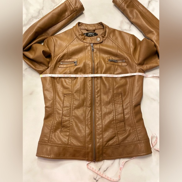 ONLY Brand faux leather biker jacket lined women’s Carmel colour - Picture 6 of 15